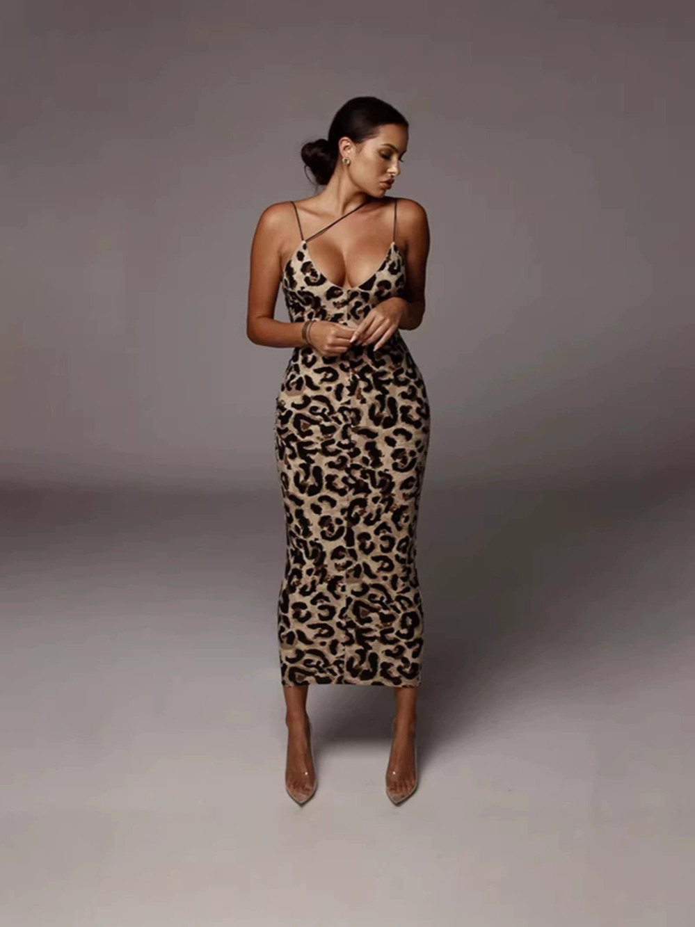 ZARA Women Backless Leopard Print Spaghetti Strap Sexy Slim Fit Long Dress